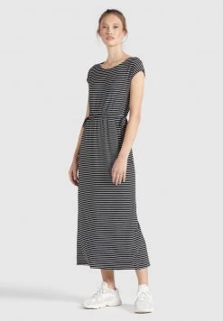 Khujo CRISTELLA Robe Longue Schwarz Weiß Gestreift Femme